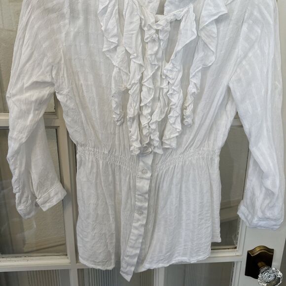 White Gauze Ruffle Front Button Up Blouse Juniors M Roll Tab Sleeve - Picture 5 of 9